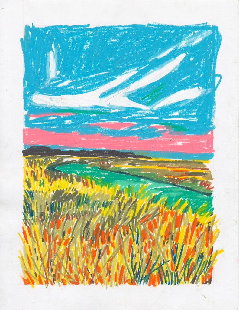 Pastel drawing of a marsh landscape.