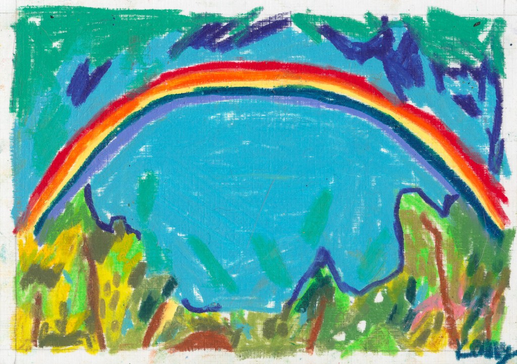 Abstract pastel drawing of a rainbow above a tree line. 